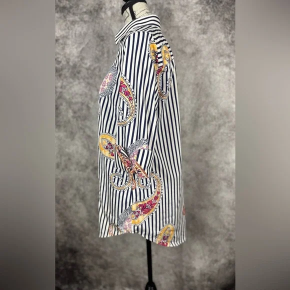 Chico's Navy & White Striped Paisley Button Down Casual Chic Shirt Size 0 (4/6) - Picture 5 of 9